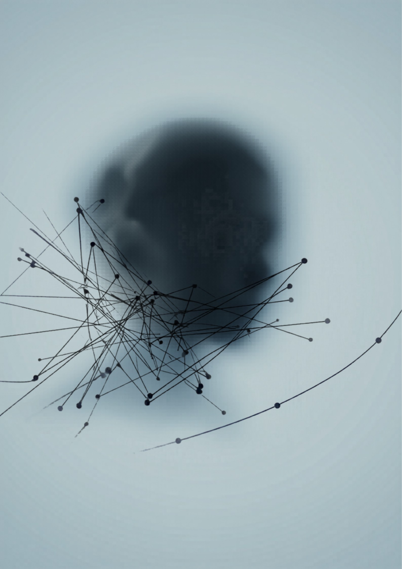Abstracte illustratie: een silhouet van een jongere omgeven door een netwerk van verbonden punten en een stijgende lijn, als beeld voor sociale invloed en de toename van genderdysforie